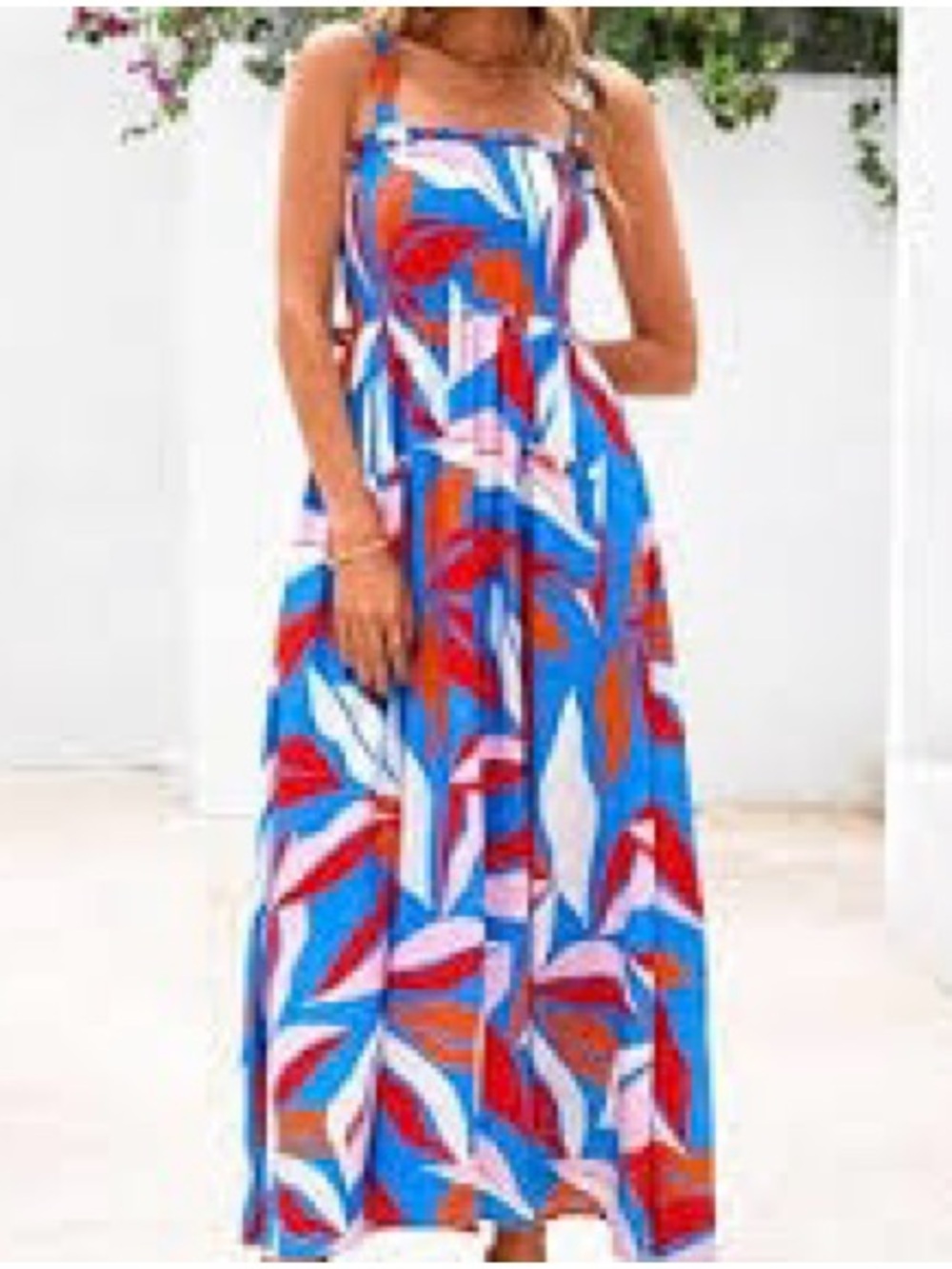 Blue Tropical Print Maxi Dress with Adjustable Straps